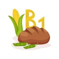 Flat vector illustration of corn, green peas and rye bread. Products with vitamin B1 thiamin . Nutrition and diet theme