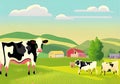 Colorful Illustration of Countryside with Grazing Cows, House and Blue Sky