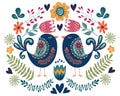 Colorful illustration with couple bird, flowers and folk design elements