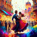 Colorful illustration of a couple dancing in front of St. Stephen\'s Basilica in Budapest, Hungary AI generated
