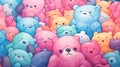 Colorful illustration of a crowd of cute, pastel teddy bears.