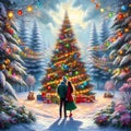 colorful illustration of a cute couple of lovers and cristmas tree for the background of a christmas geetings card Royalty Free Stock Photo