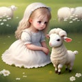 Colorful illustration of cute litle girl lamb - AI generated art