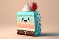 Illustration of cute piece of cake character with strawberry and whipped cream on top