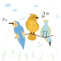 Colorful illustration of cute singing birds