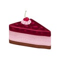 Delicious piece of cake with jelly. Tasty layered dessert decorated with red cherry. Flat vector element for menu or