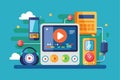 A colorful illustration depicting a customizable media player surrounded by various devices and controls, Media player Royalty Free Stock Photo