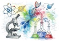 Include a microscope, atom model, planets, DNA strand, and chemical Royalty Free Stock Photo