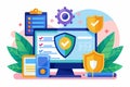 A colorful illustration depicting secure software elements featuring shields, a computer screen, and icons Secure software Royalty Free Stock Photo