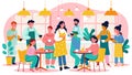 Colorful Illustration of Diverse People Enjoying Coffee in a Cozy Cafe