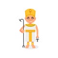 Egyptian pharaoh with scepter and ankh cross in hands. Cartoon character of man in traditional costume and headdress Royalty Free Stock Photo