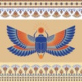 Colorful illustration of the Egyptian scarab beetle, personifying the god Hepri with seamless horizontal patterns.