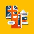 Colorful illustration about English in modern flat style. College subject icon. Books, notebook, white teapot. Royalty Free Stock Photo