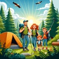 Colorful poster of a family hiking in the forest.