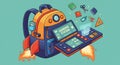 A colorful illustration features a futuristic backpack with rocket boosters and an Royalty Free Stock Photo