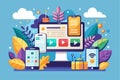 A colorful illustration features various digital devices among vibrant plants and leaves in a workspace setting, Mobile Royalty Free Stock Photo