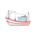 Colorful flat vector design of fishing boat with trawl net and ropes. Commercial marine vessel Royalty Free Stock Photo