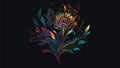 A colorful illustration of a flower with leaves on a dark background.