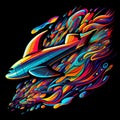 Colorful illustration of flying surreal airplane. AI generative