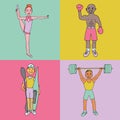 Colorful illustration of four athletes engaged in different kinds of sports