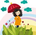 Colorful illustration with a girl with umbrella