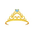 Colorful illustration of golden princess crown. Precious head accessory. Shiny queen tiara decorated with beautiful blue