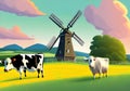 Colorful Illustration of Grazing Cows, a Windmill and a Blue Sky on Lush Farmland