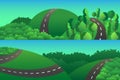 Colorful illustration with green hills and winding roads.