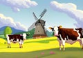 Colorful Illustration of a Green Landscape with Grazing Cows, Cloudy Blue Sky and Windmill Royalty Free Stock Photo