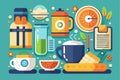 A colorful illustration highlights morning essentials like coffee, fruit, and breakfast tools for a lively start, Morning Royalty Free Stock Photo