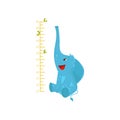 Kids measuring ruler and cute blue elephant. Wild animal with big ears and long trunk. Colorful flat vector design Royalty Free Stock Photo