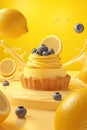 A colorful illustration with a lemon cake on a yellow background with blueberries and lemon. A healthy treat