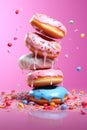 Colorful illustration of levitating donuts with sprinkles and candies Royalty Free Stock Photo