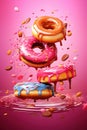 Colorful illustration of levitating donuts with sprinkles and candies Royalty Free Stock Photo