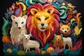 a colorful illustration of a lion sheep and other animals