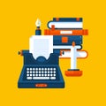Colorful illustration about literature in modern flat style. College subject icon. Books, candle and a typewriter.