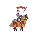 Medieval knight in shiny armor. Brave royal guardian sitting on horse and holding red flag. Flat vector design for Royalty Free Stock Photo