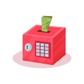 Money box in form of pink safe with lock, buttons and green banknote. Small container for saving cash. Flat vector icon