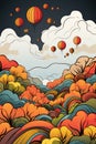 A colorful illustration of a mountain with trees and balloons. Generative AI image. Royalty Free Stock Photo