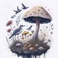 watercolor mushroom with birds and flowers