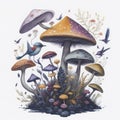 watercolor mushroom with birds on top.