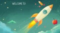 Colorful illustration of a pencil rocket flying through a whimsical sky