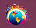 A colorful illustration of people dancing around a globe with the sun shining on it