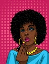 Colorful illustration in pop art style of beautiful african american girl doing makeup . Royalty Free Stock Photo