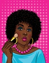 Colorful illustration in pop art style of beautiful african american girl doing makeup .