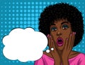 Colorful illustration in pop art style of beautiful african american woman`s face in shock emotions.