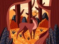 Colorful illustration portrait of beautiful red deer stag in forest at sunrise. Hand drawn wild animal.