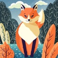 Colorful illustration portrait of cute red fox in forest, sunny day. Hand drawn Royalty Free Stock Photo