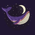 Colorful illustration portrait of cute whale in space with moon and stars. Hand drawn