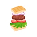 Sandwich with flying ingredients bread slices, lettuce leaf, tomatoes, grilled cutlet and onion rings. Fast food. Flat